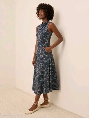 Pact Organic Fit & Flare Cowl Neck Sleeveless Meadow Midnight Floral Dress Large